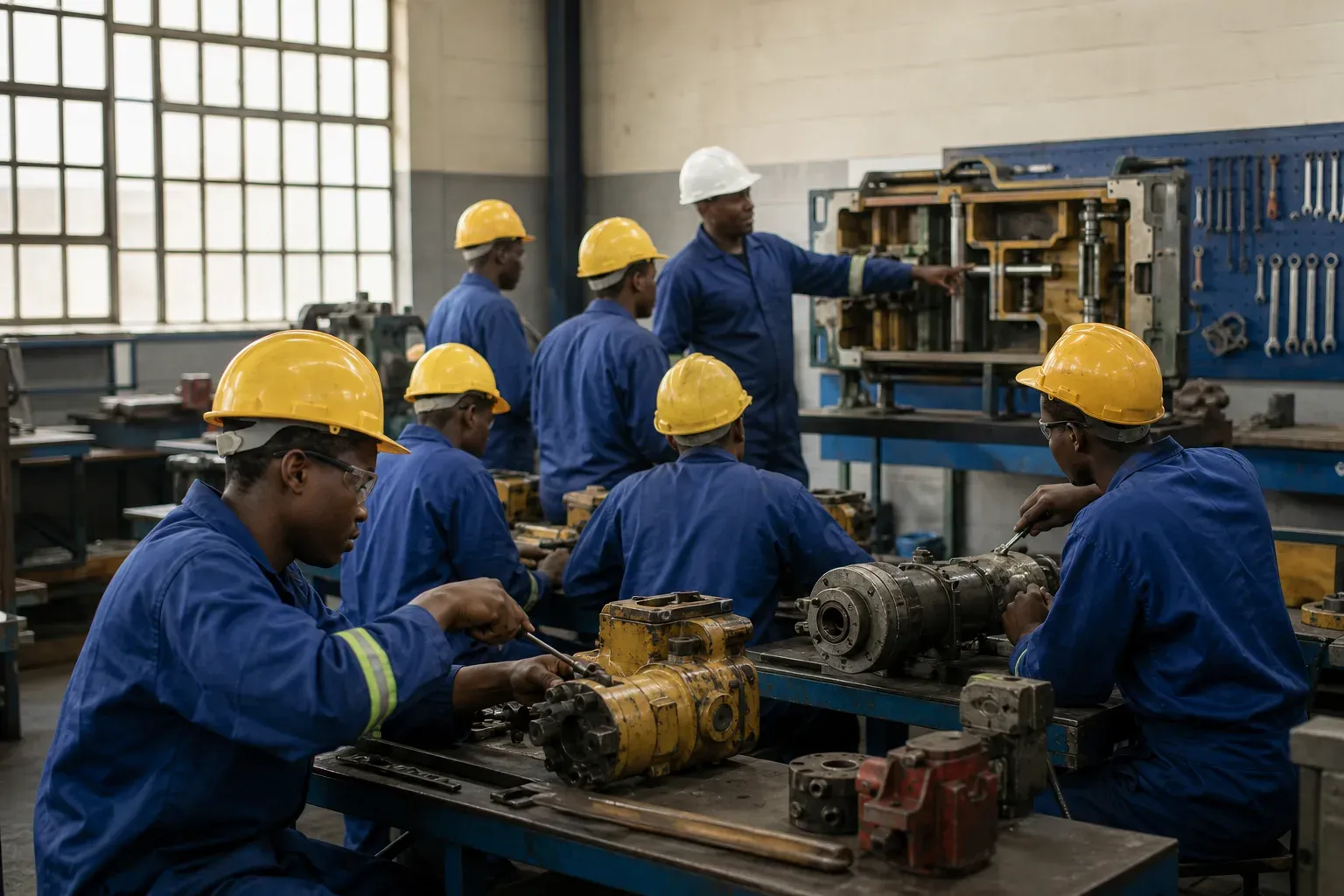 Apprentices in blue overalls and hard hats working on stripped hydraulic components at benches in a training workshop.