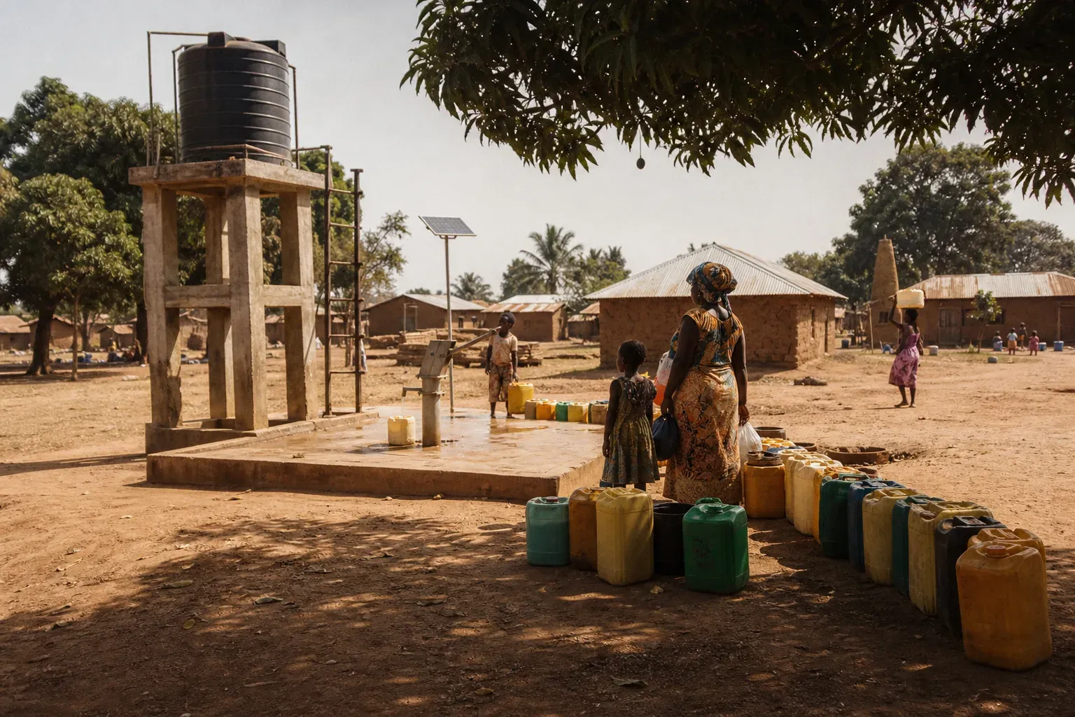 A solar-powered borehole and elevated water tank in a village, with jerrycans lined up on the concrete apron.
