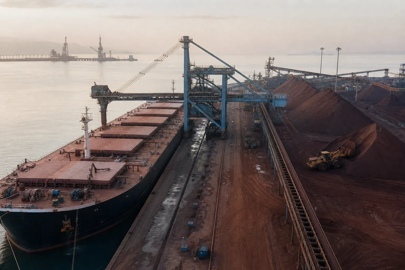 A shiploader working a bulk carrier at a deep-water quay, with conveyor gantries feeding from large ore stockpiles.
