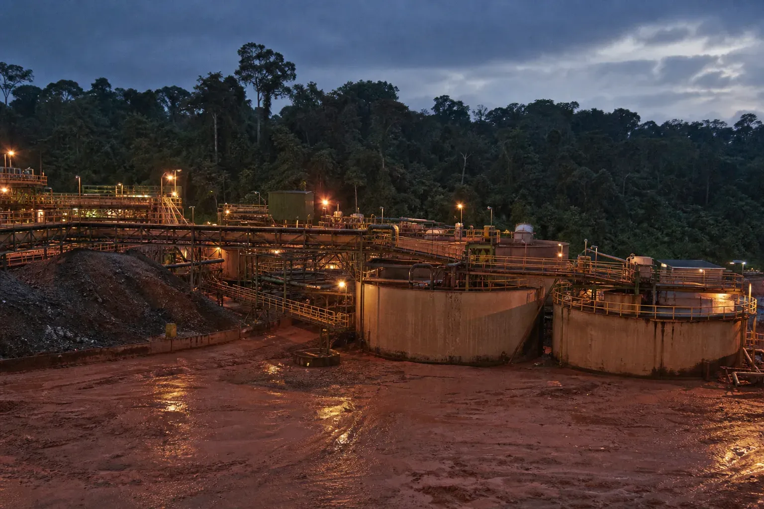 Gold processing plant with leach tanks and walkways at dusk, surrounded by dense rainforest and wet red laterite ground.