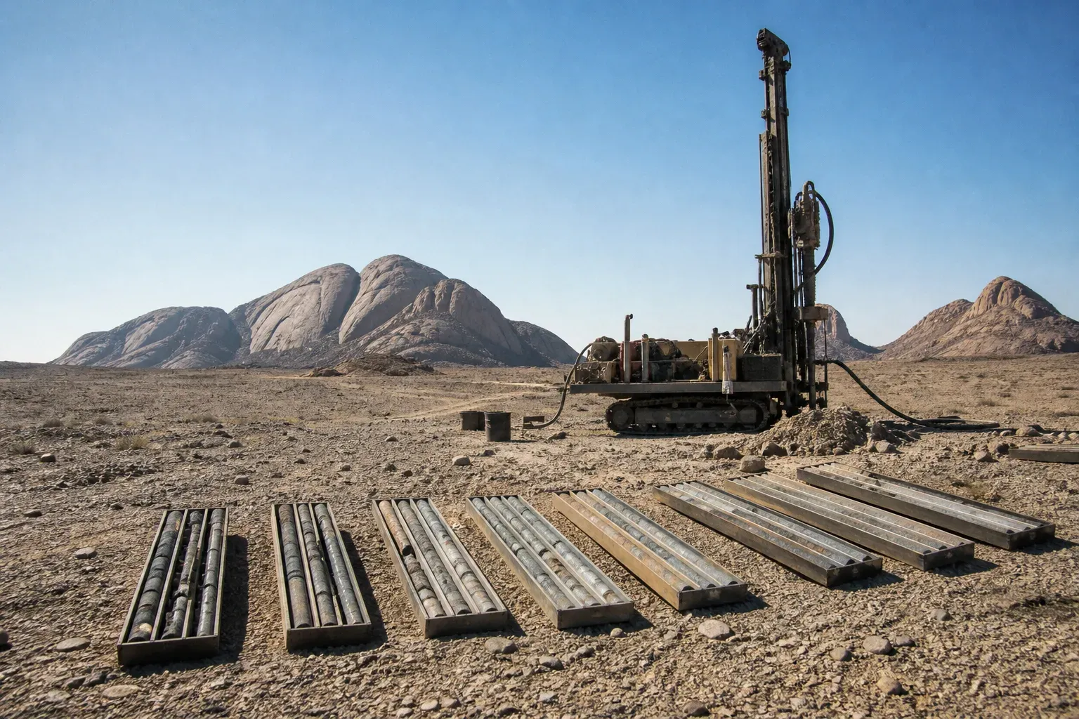 Track-mounted diamond drill rig on a stony desert plain with core trays laid out in rows and granite inselbergs behind.