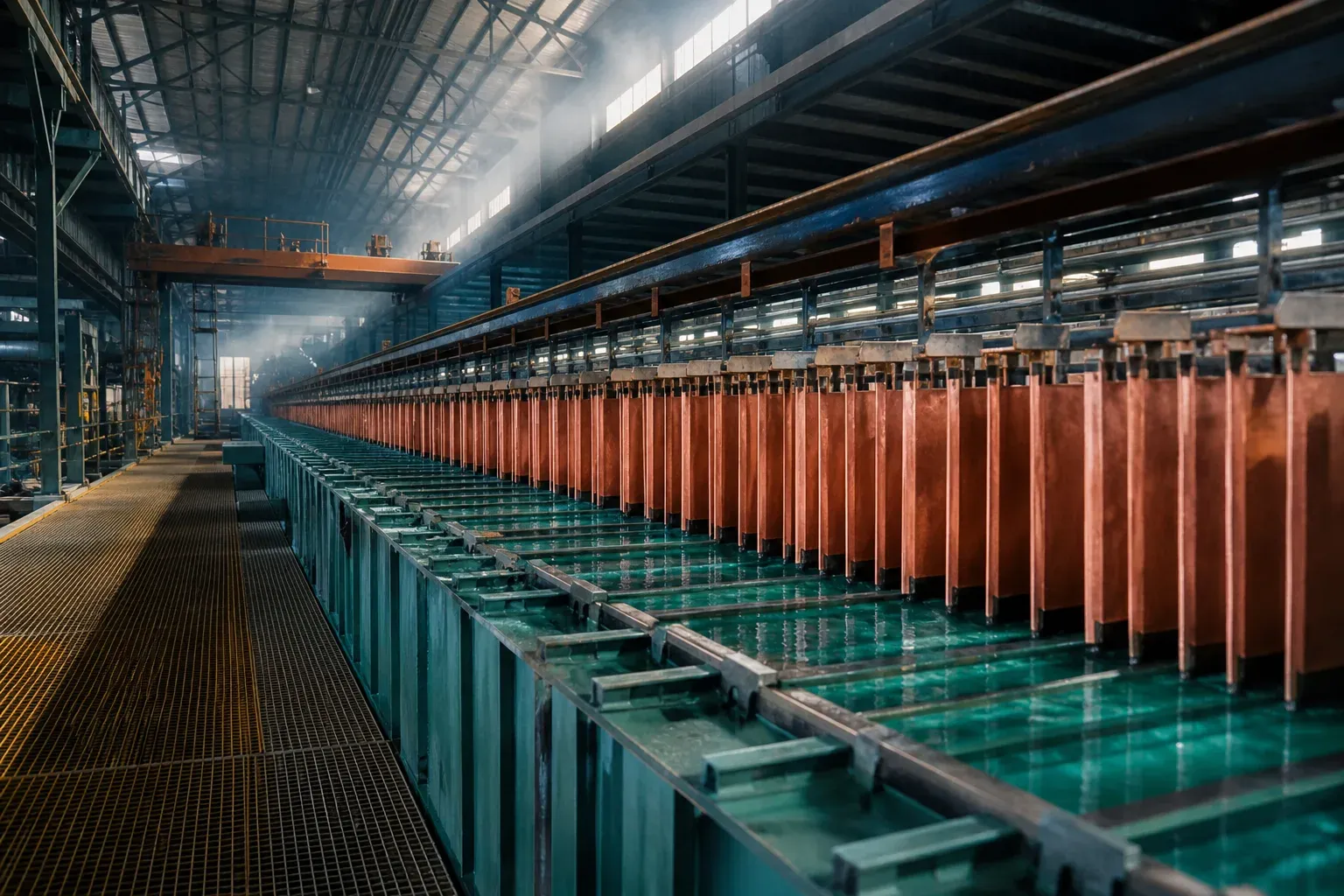 Interior of an electrowinning tank house with long rows of copper cathode sheets hanging above green electrolyte cells.