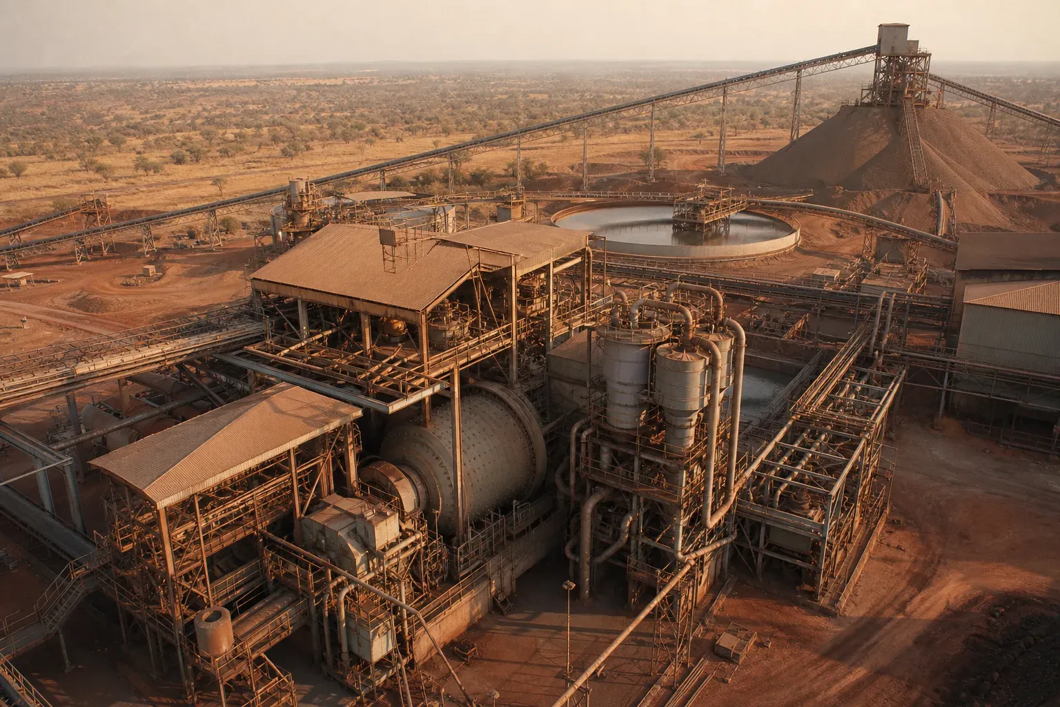 Copper concentrator plant with mill building, cyclone clusters, conveyor galleries and a coarse ore stockpile under late afternoon light.