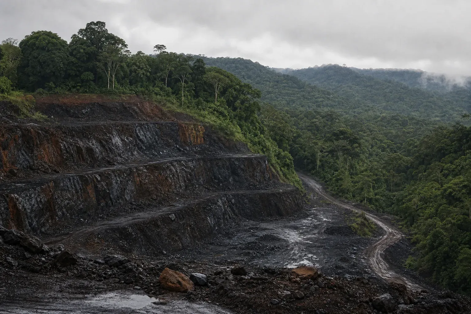 Terraced manganese working cut into a plateau, with rainforest canopy rolling to the horizon under low cloud.