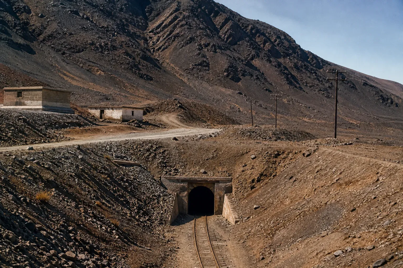 Underground mine portal cut into an arid volcanic hillside with a narrow rail track running into the decline.