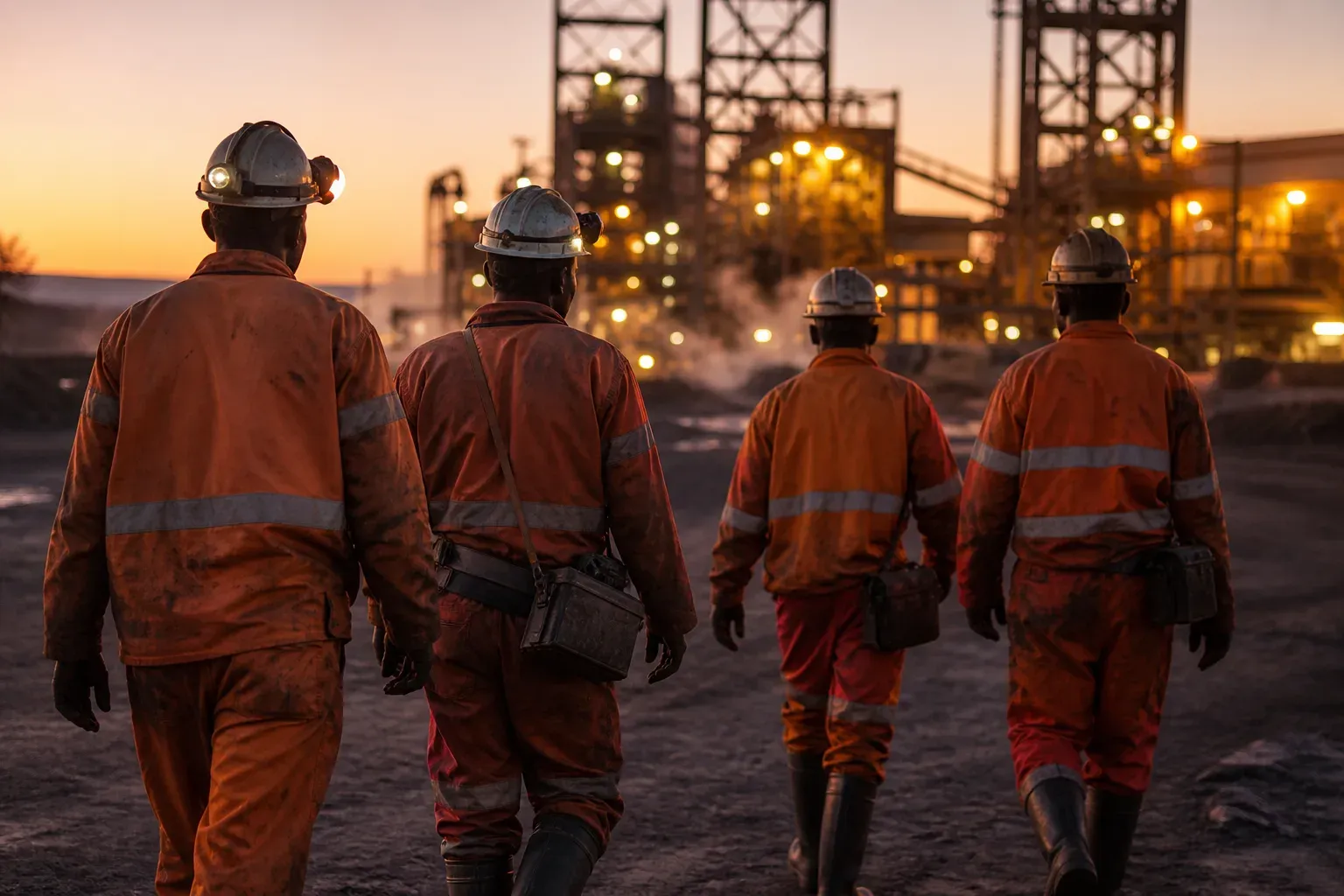 Four mine workers in high-visibility overalls, hard hats and cap lamps walking towards a lit plant at dawn, seen from behind.