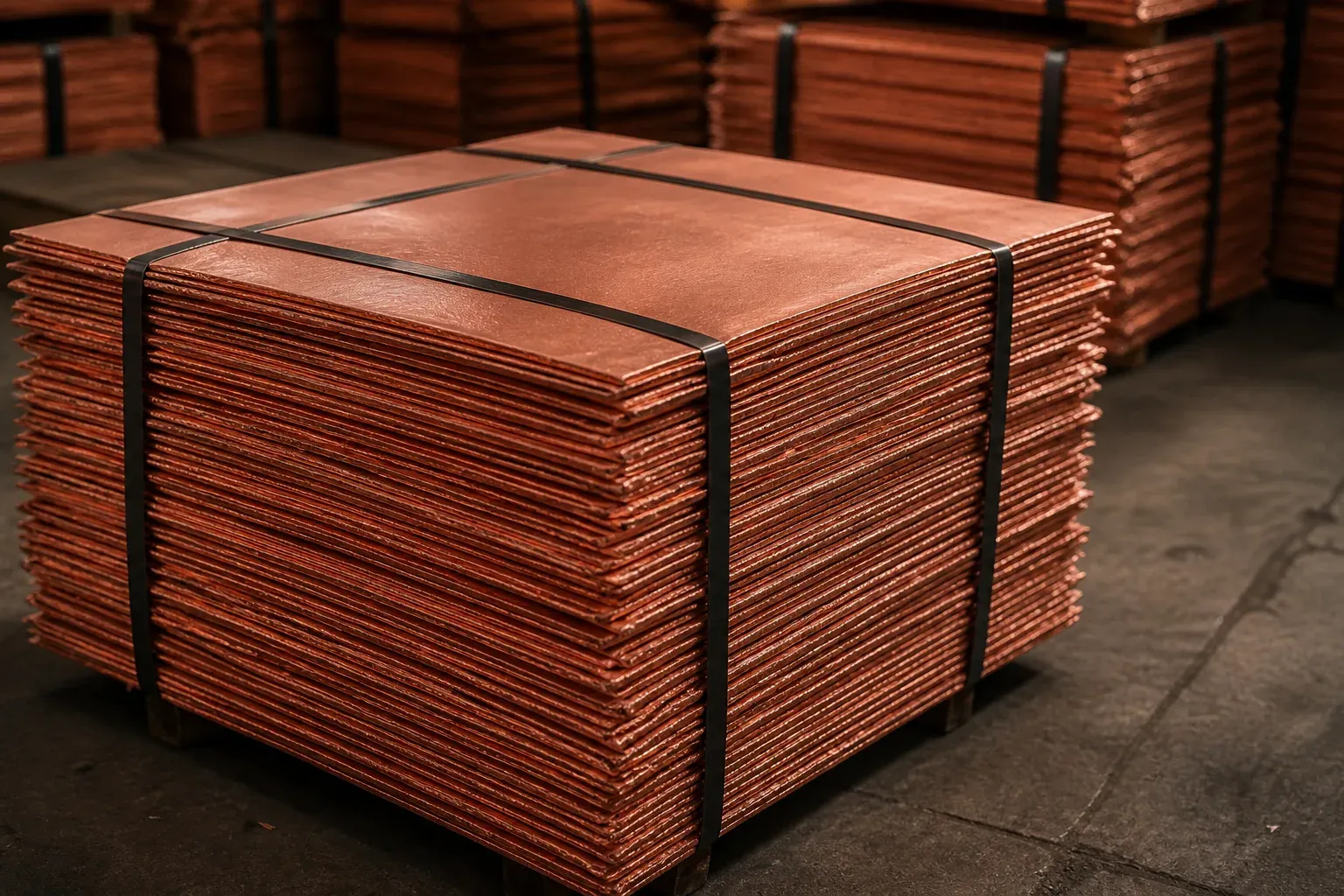 Strapped bundles of electrowon copper cathode sheets stacked in a warehouse, the crystalline surface catching soft light.