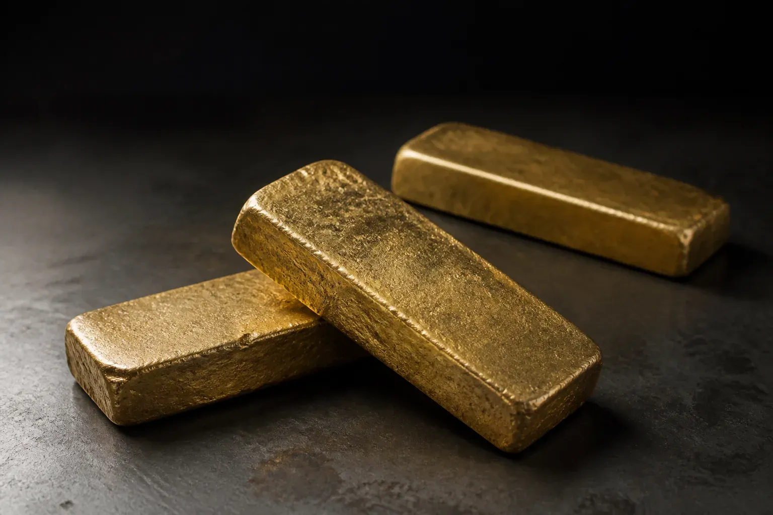 Three rough-cast gold doré bars with uneven pour texture resting on a dark steel surface.