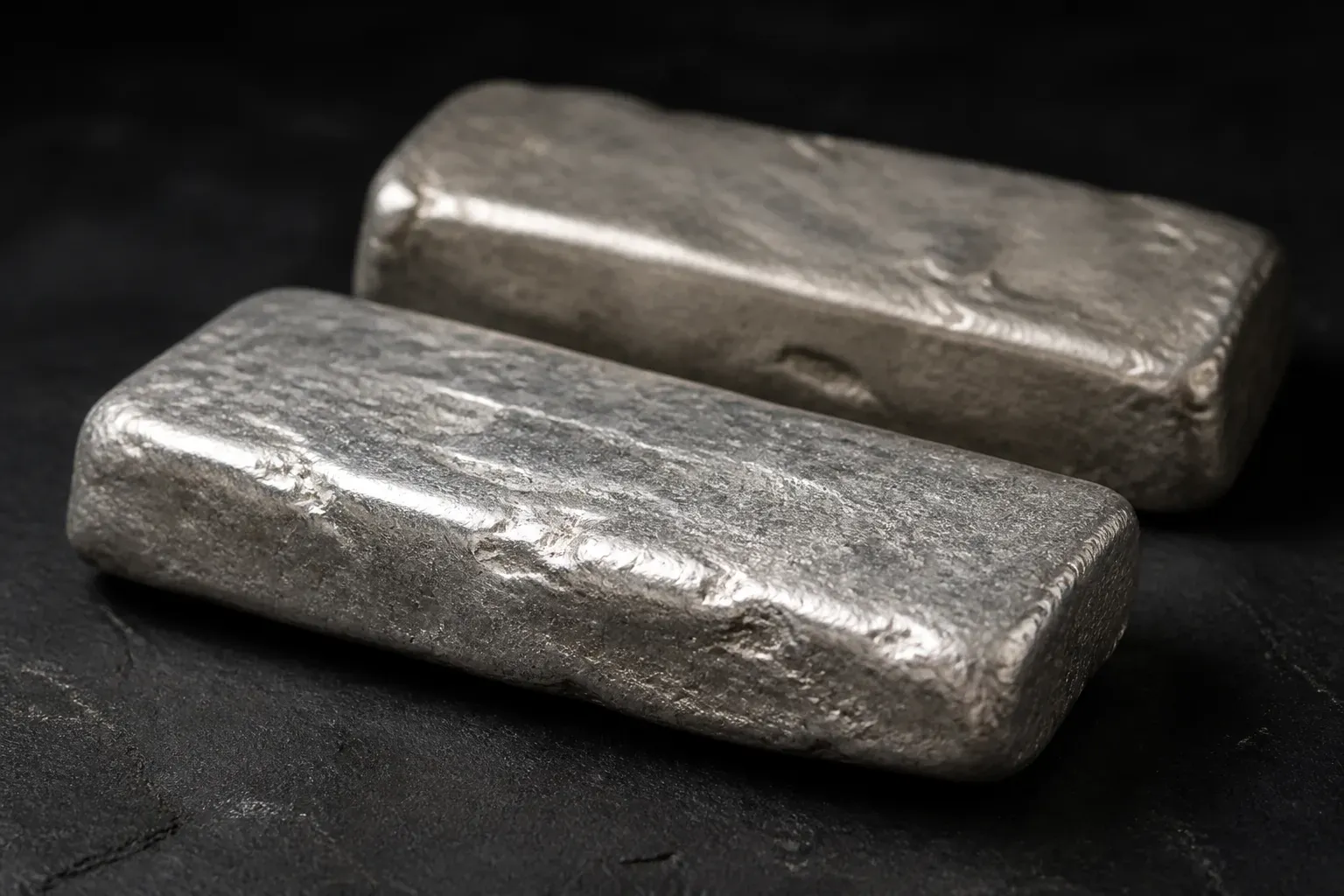Two heavy as-poured silver doré bars with matte grey surfaces and rounded corners on dark slate.