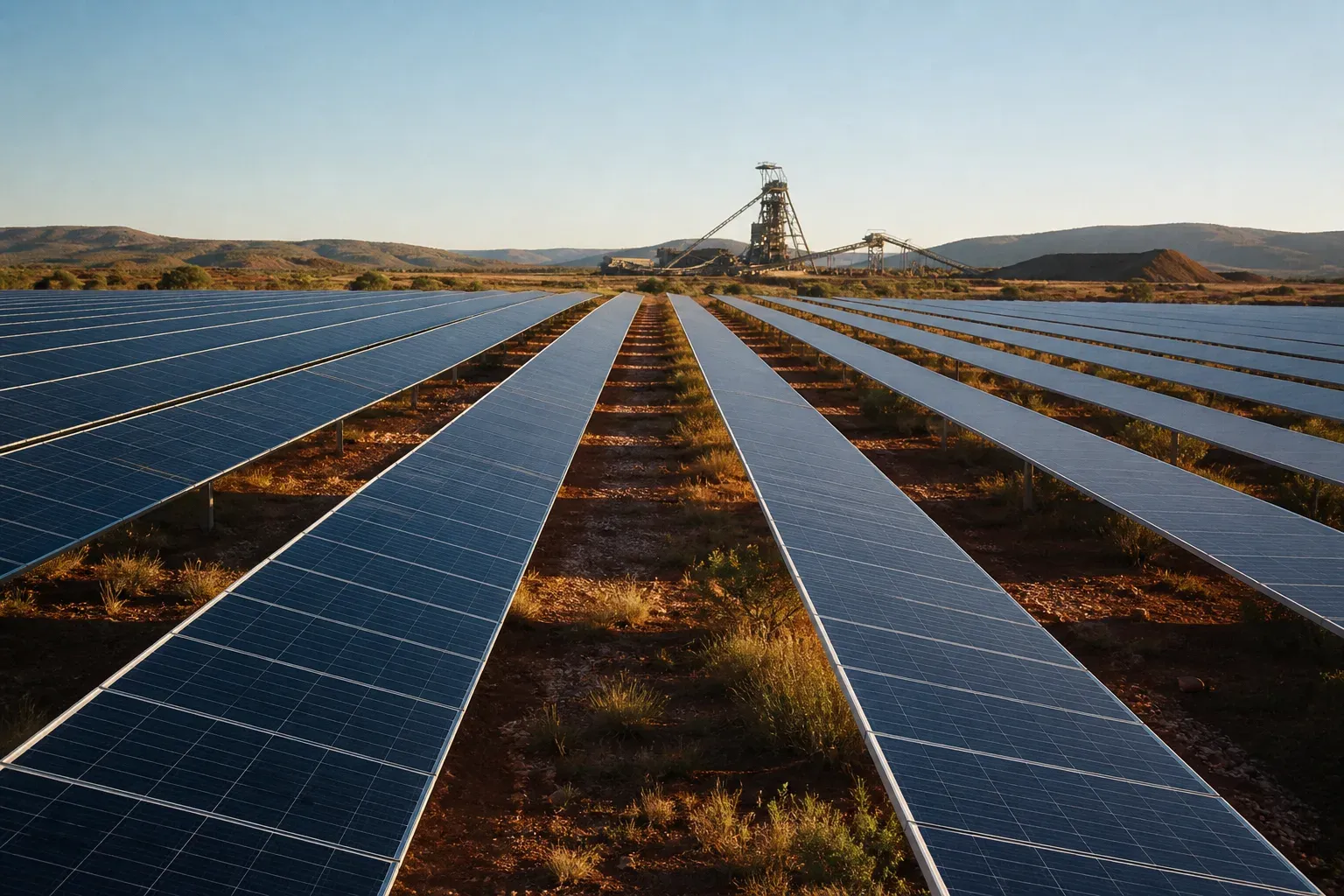 Long rows of photovoltaic panels on rehabilitated red mine ground, with mine infrastructure faint on the horizon.