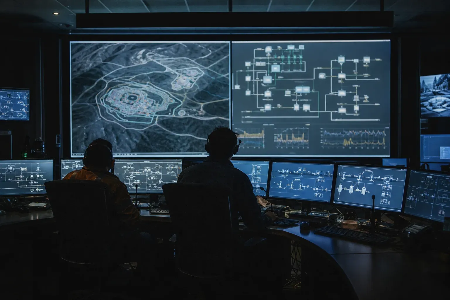An integrated operations control room, with operators silhouetted against wall displays showing a mine plan and process schematics.