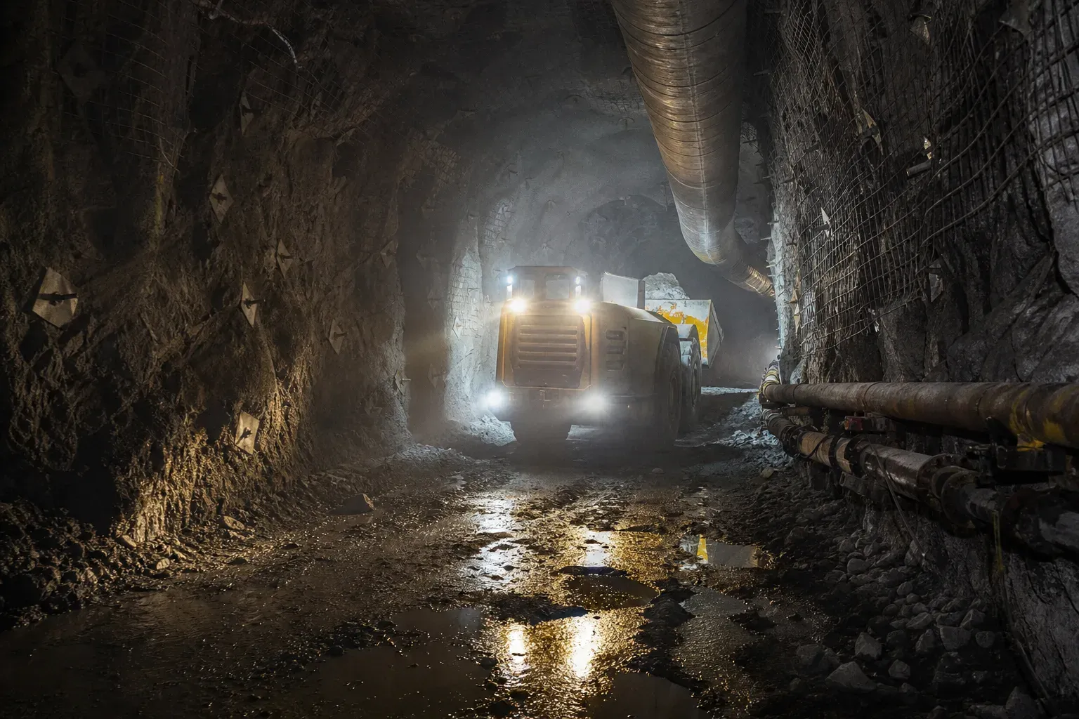 An underground development heading with shotcreted and mesh-supported walls, ventilation ducting overhead and a loader working under its own headlights.